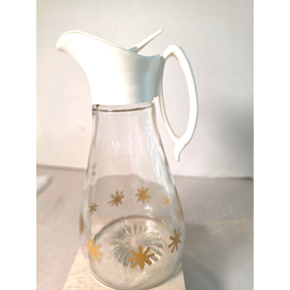 Vintage Log Cabin Syrup Pitcher Dispenser Gold Stars Starburst Clear Glass MCM